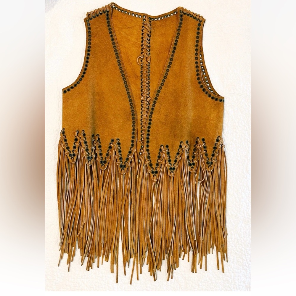 Bohemian Chic! Vintage Suede Fringe Vest- made in Spain- Small/ XS